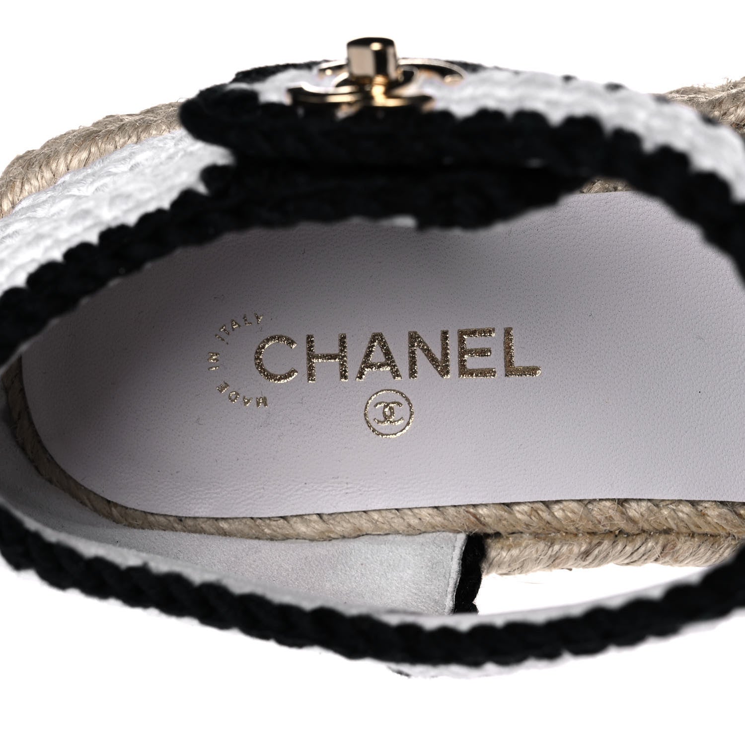 Chanel Braided Knit Cap Toe CC Ankle Strap Espadrilles 39 White Black 7 of 10