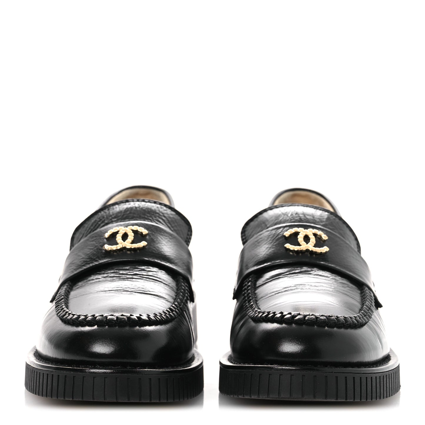 Shiny Crumpled Calfskin CC Mocassin Loafers 38.5 Black