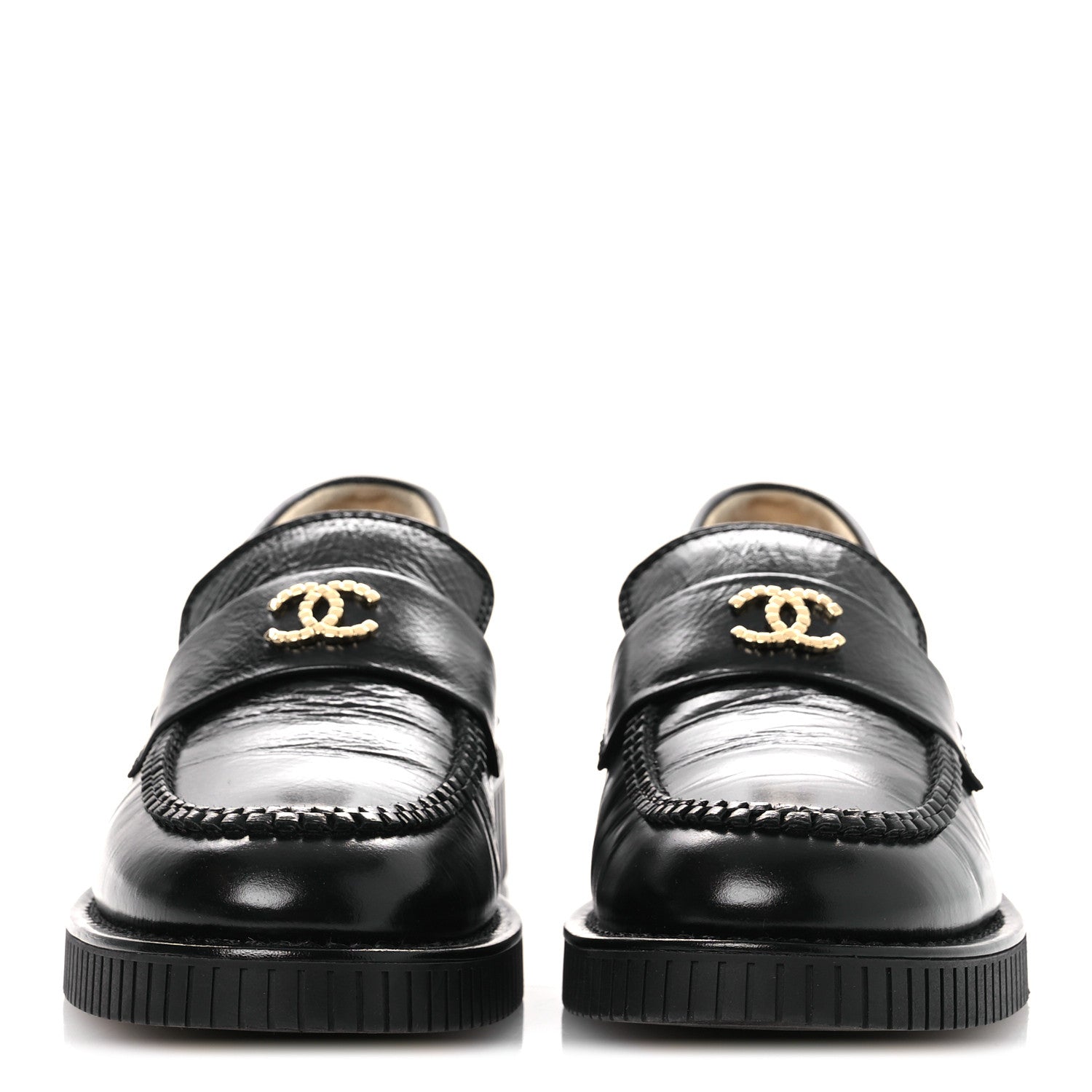 Chanel Shiny Crumpled Calfskin CC Mocassin Loafers 38.5 Black 3 of 12