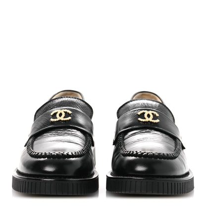 Chanel Shiny Crumpled Calfskin CC Mocassin Loafers 38.5 Black 3 of 12
