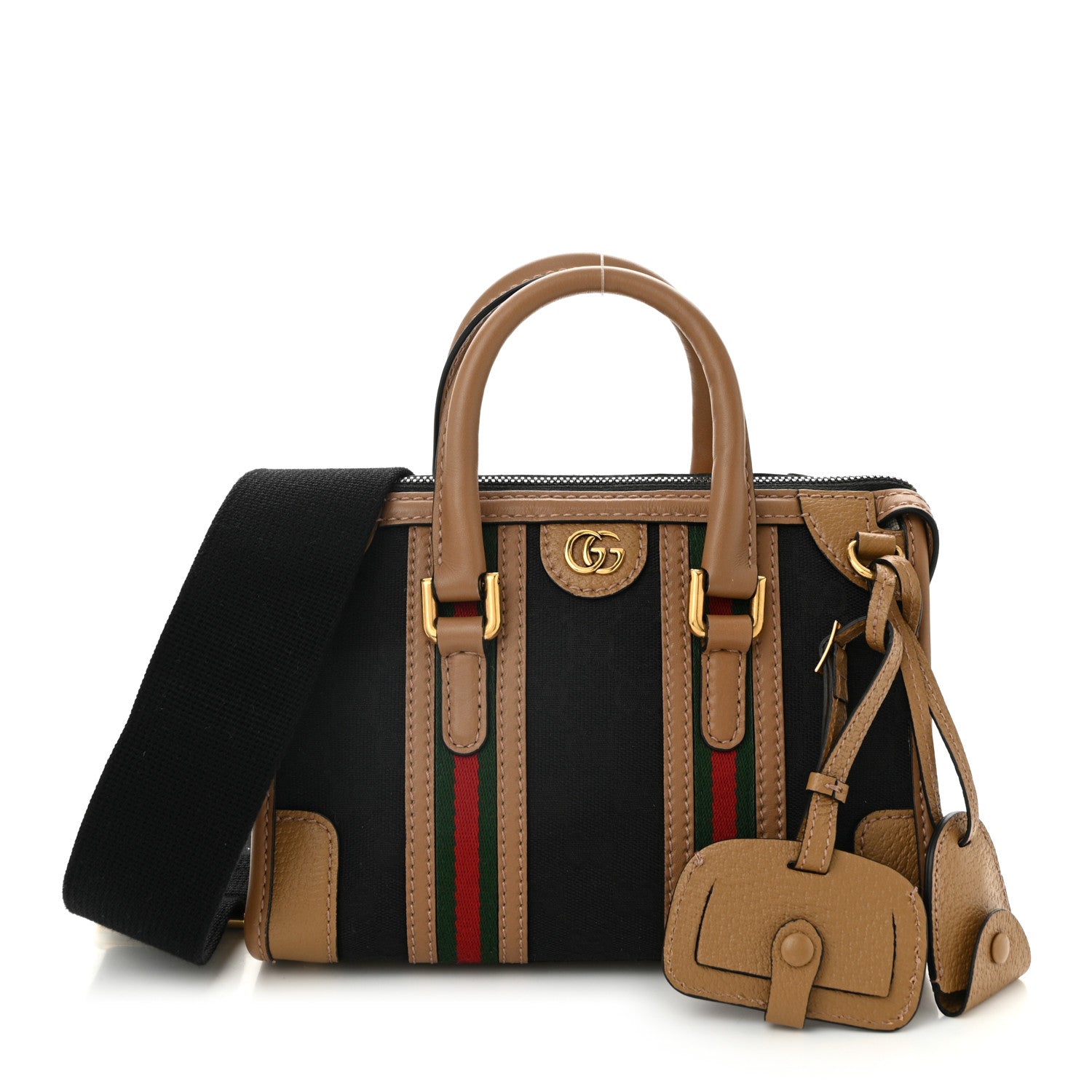 Gucci Monogram Textured Dollar Calfskin Web Mini Bauletto Duffle Top Handle Bag Black Koi Beige 1 of 12