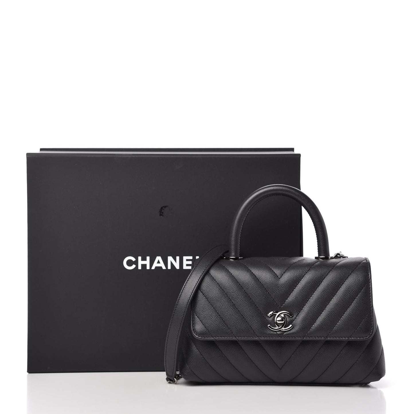 Caviar Chevron Quilted Mini Coco Handle Flap Dark Grey