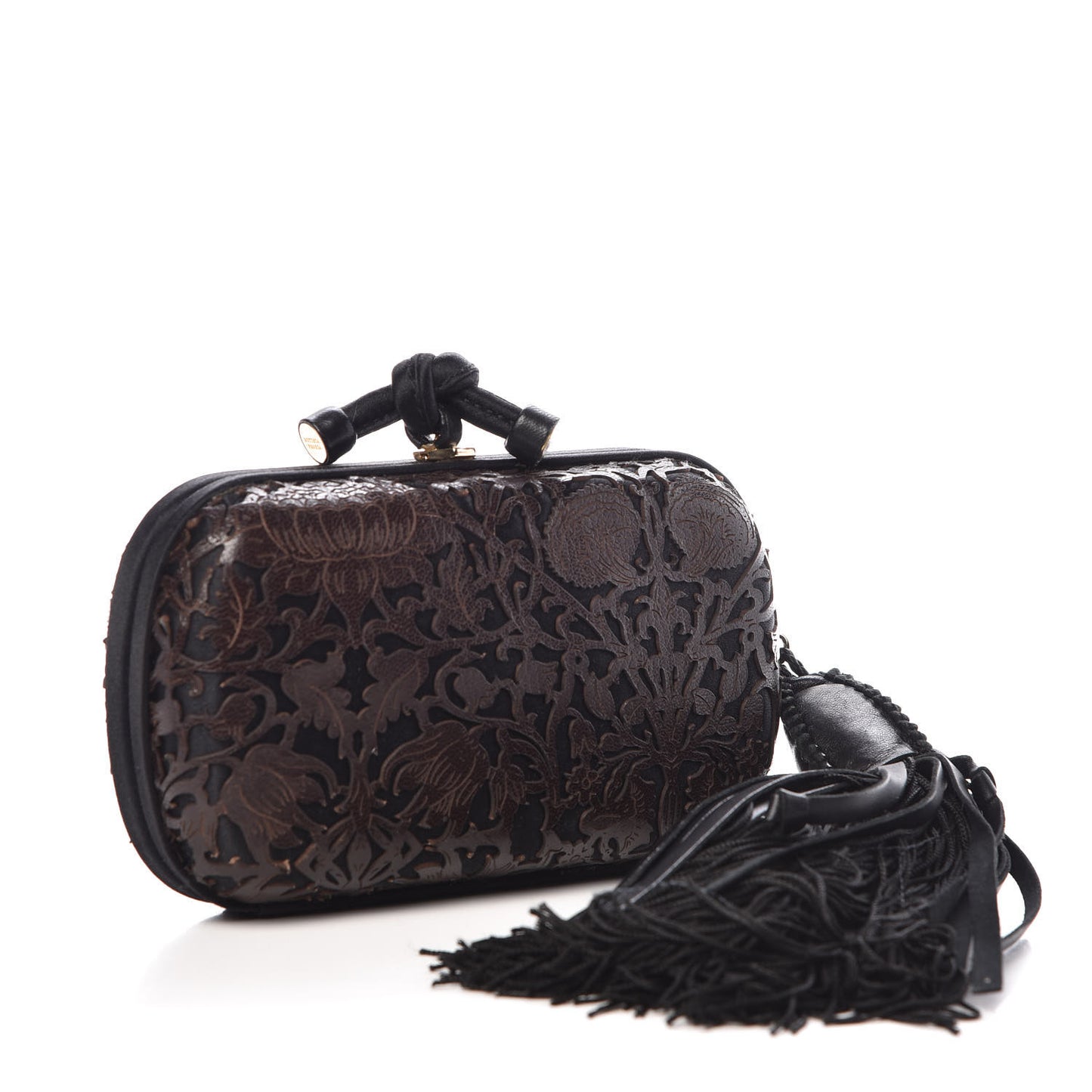 Satin Calfskin Floral Lace Tassel Knot Clutch Brown