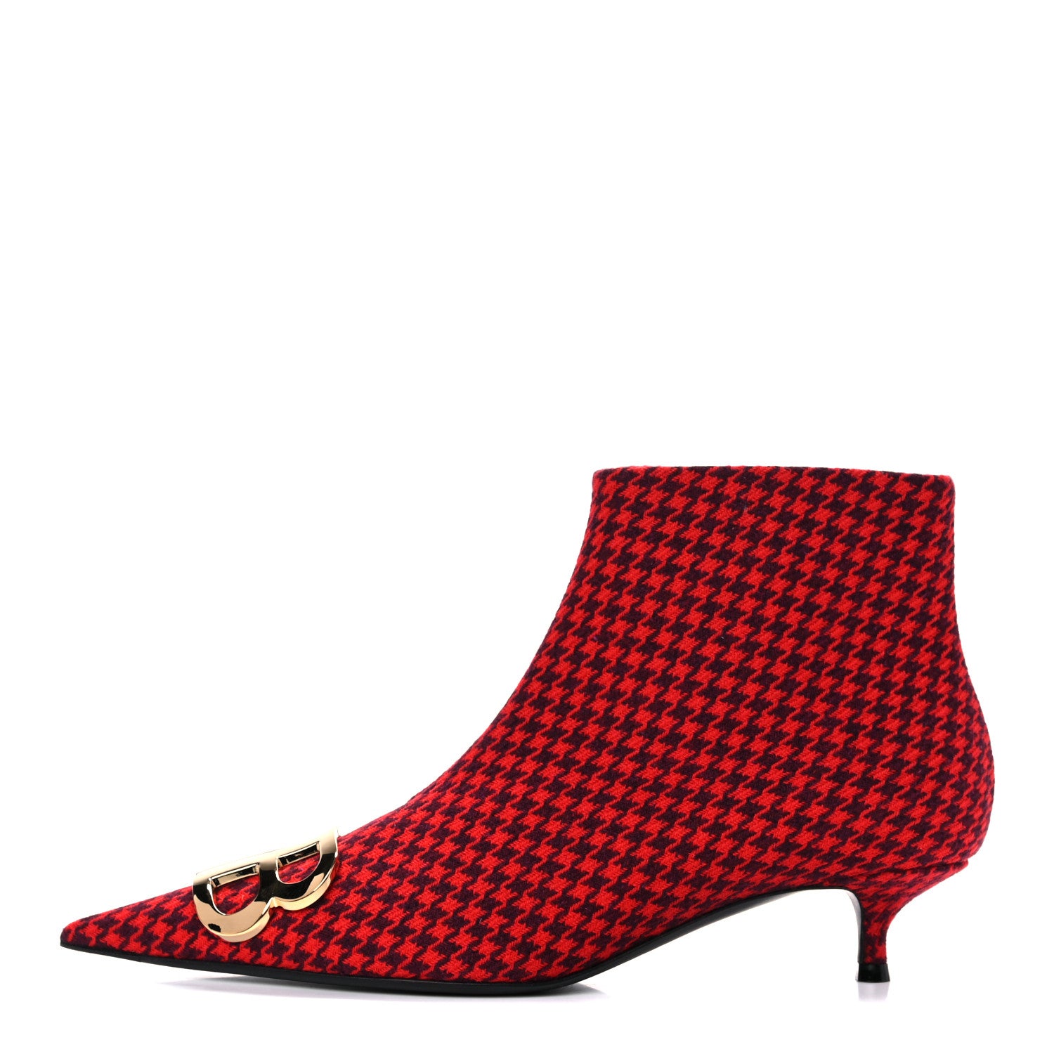 Balenciaga Wool Houndstooth BB Pointy Toe Ankle Booties 37.5 Red Black Gold 1 of 9