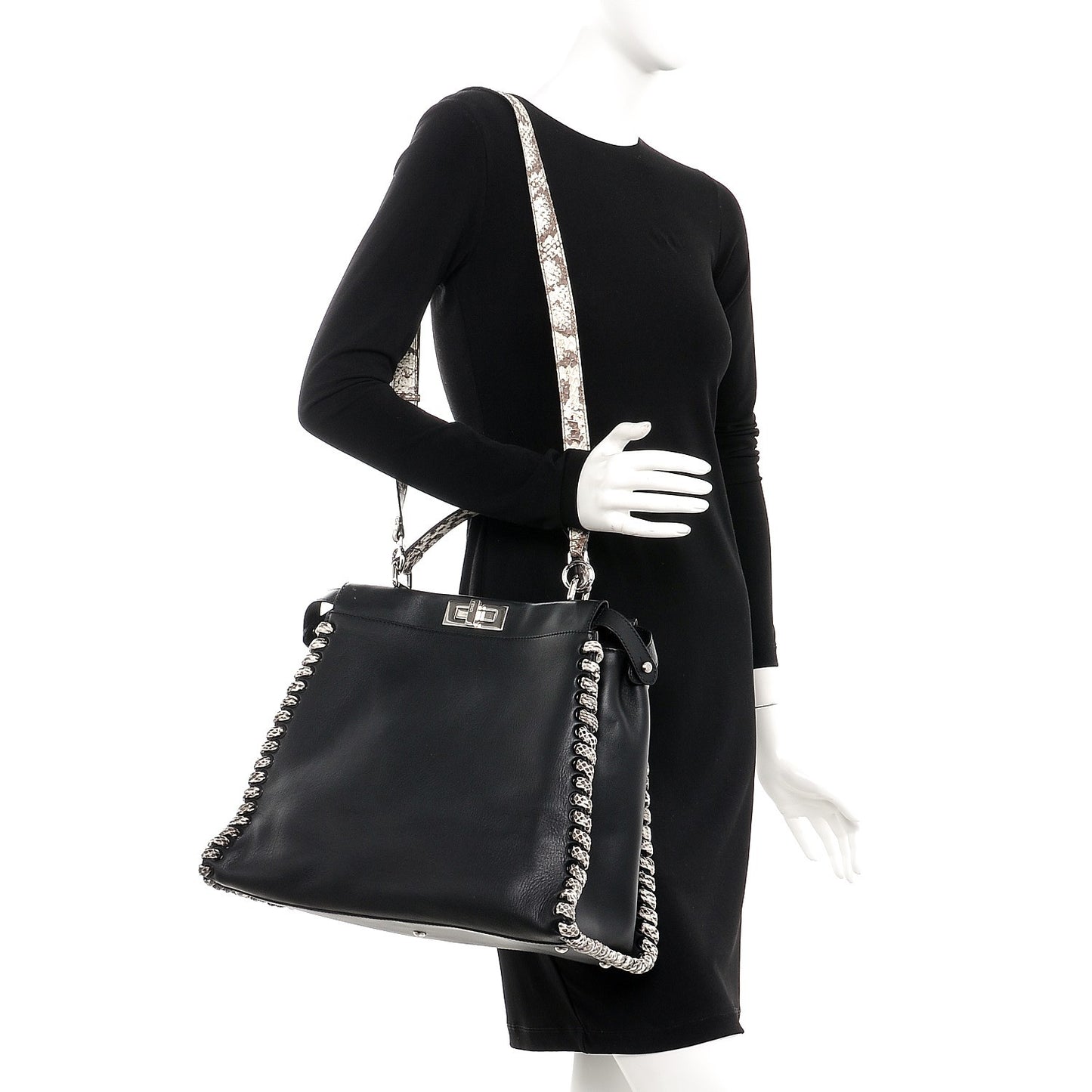 Calfskin Elaphe Lace Up Large Peekaboo Iconic Satchel Black
