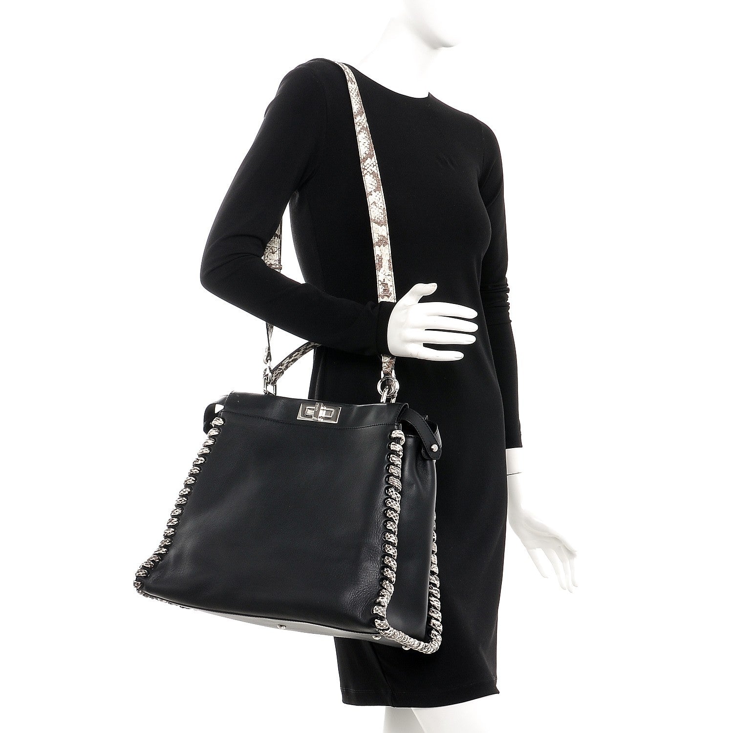 Fendi Calfskin Elaphe Lace Up Large Peekaboo Iconic Satchel Black 2 of 8