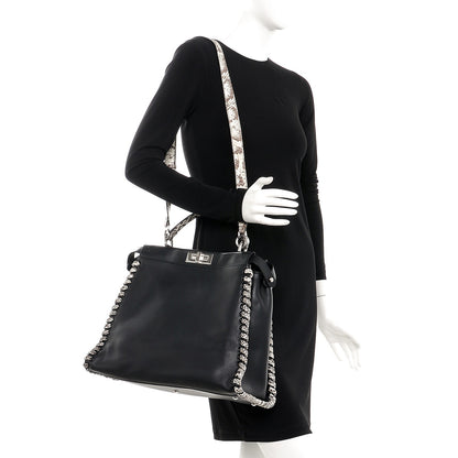 Fendi Calfskin Elaphe Lace Up Large Peekaboo Iconic Satchel Black 2 of 8