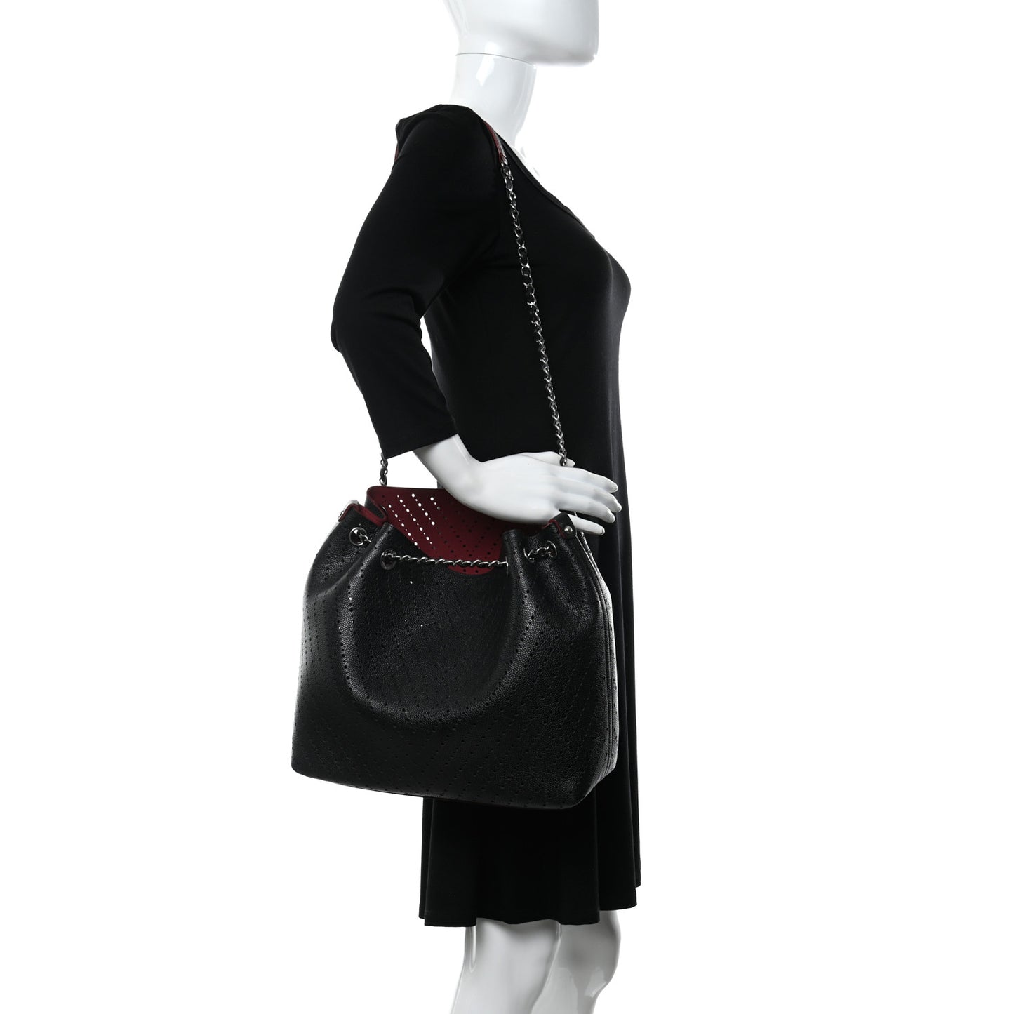 Perforated Caviar Drawstring Bucket Bag Black