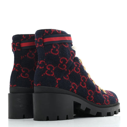 Gucci Covered Wool Big GG Monogram Womens Lace Up Combat Ankle Boots 37.5 Blue Red 4 of 8