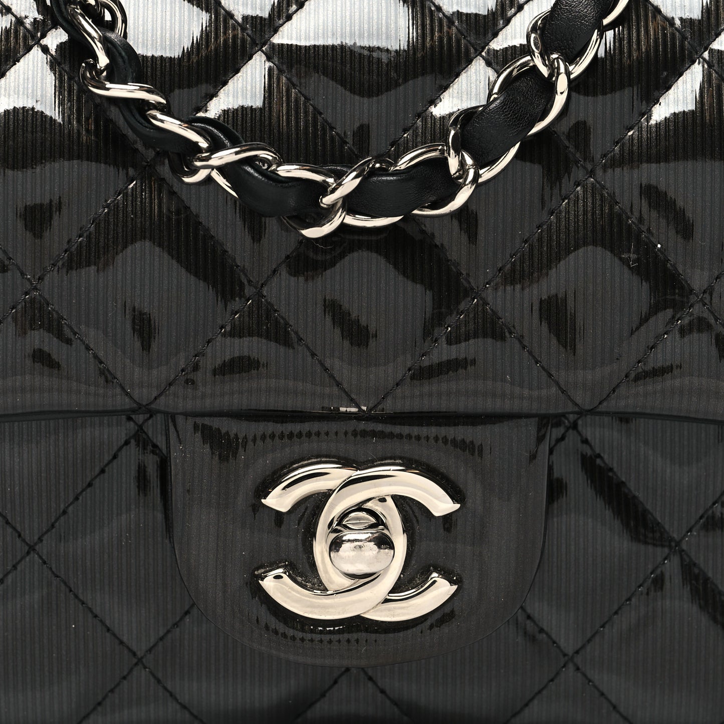 Striated Patent Quilted Mini Rectangular Flap Black