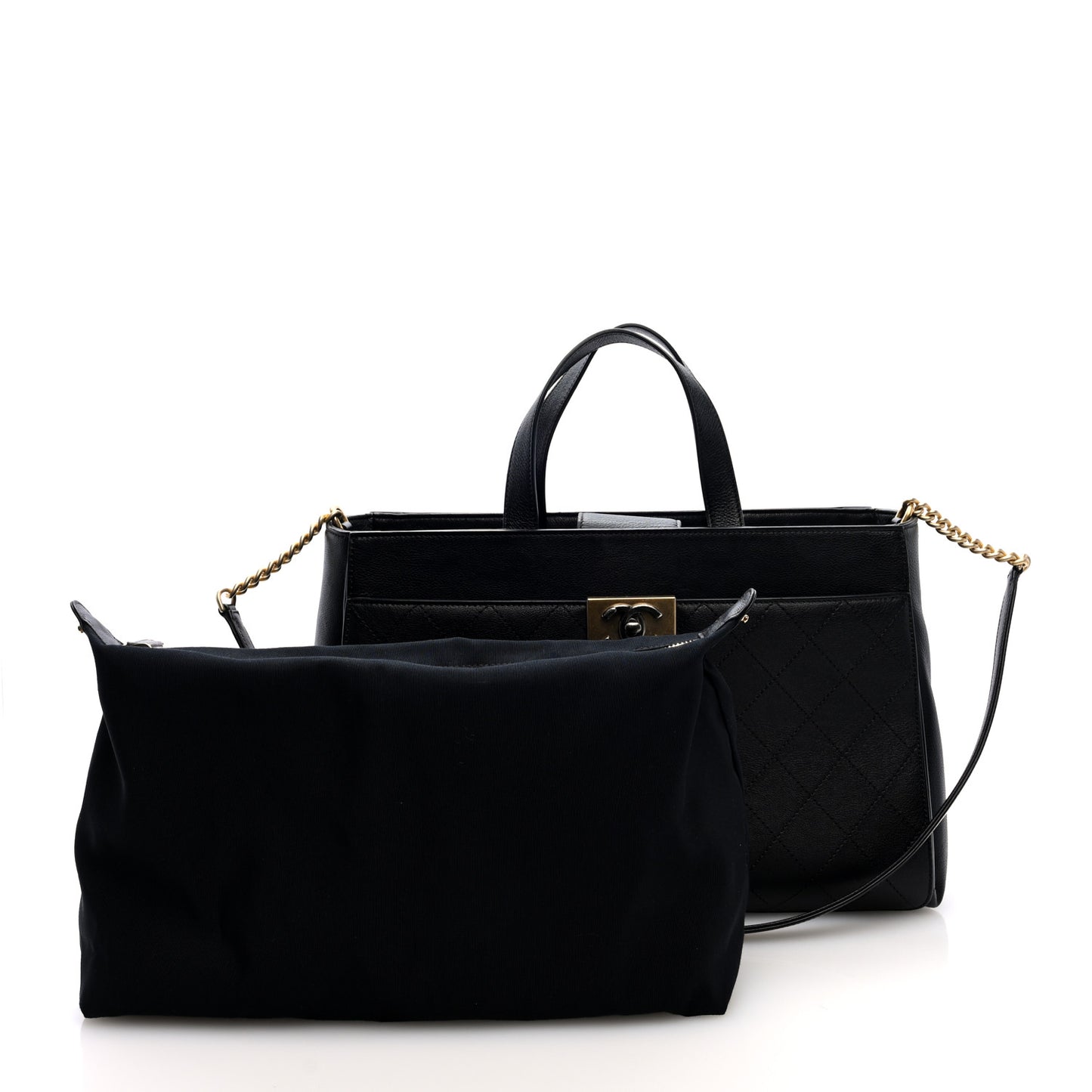 Calfskin Stitched Large Straight Lines Shopping Tote Black