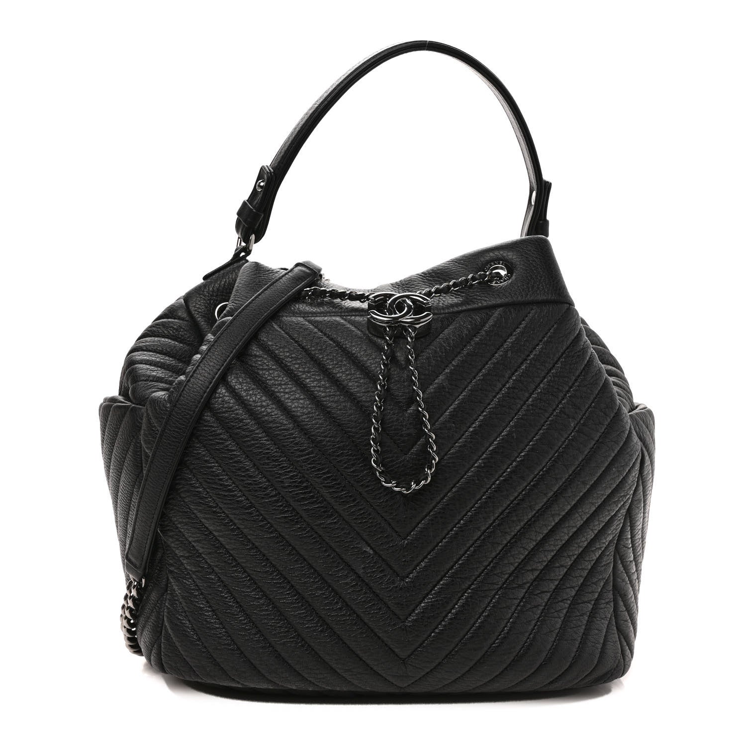 Chanel Deerskin Chevron Large CC Chain Bucket Drawstring Bag Black 1 of 8