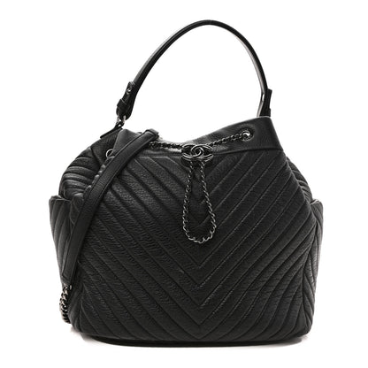 Chanel Deerskin Chevron Large CC Chain Bucket Drawstring Bag Black 1 of 8