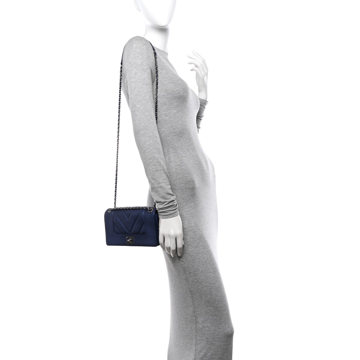 Chanel Metallic Sheepskin Chevron Quilted Medium Vintage Mademoiselle Flap Navy 2 of 12