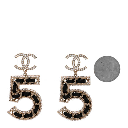 Chanel Crystal Lambskin Chain CC No 5 Drop Earrings Gold Black 2 of 5