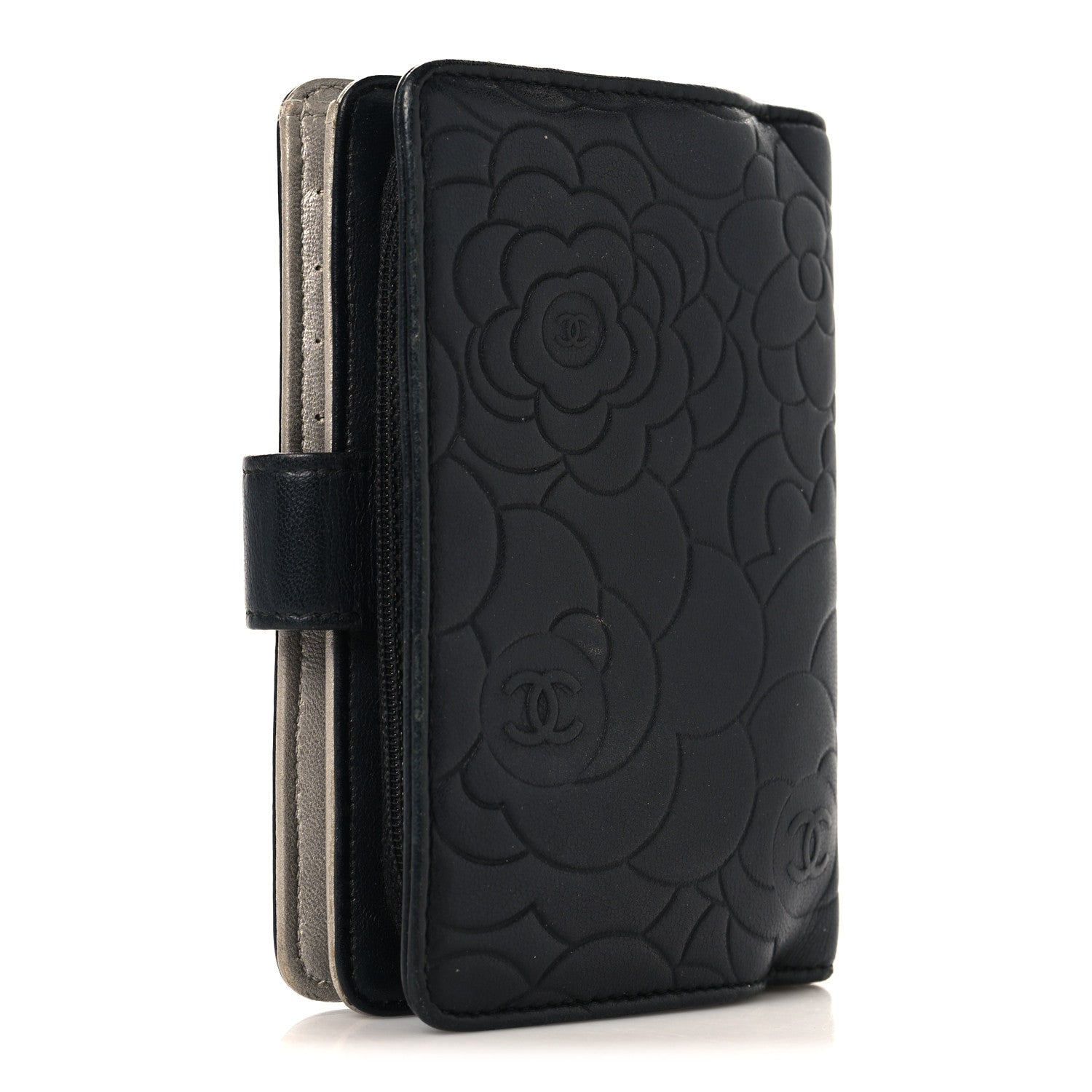 Chanel Lambskin Camellia Embossed Zipped Pocket Wallet Black 3 of 8