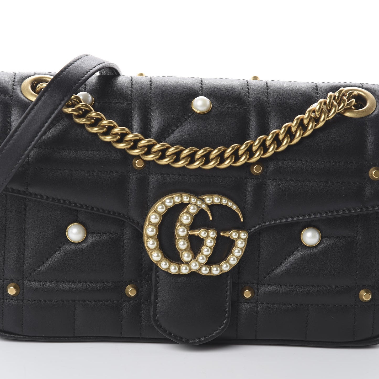Calfskin Matelasse Studded Small Pearly GG Marmont Shoulder Bag Black