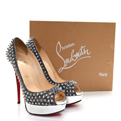 Christian Louboutin Lame Satin Lady Peep Spikes 150 Pumps 39 Turquoise Violet Silver 9 of 9