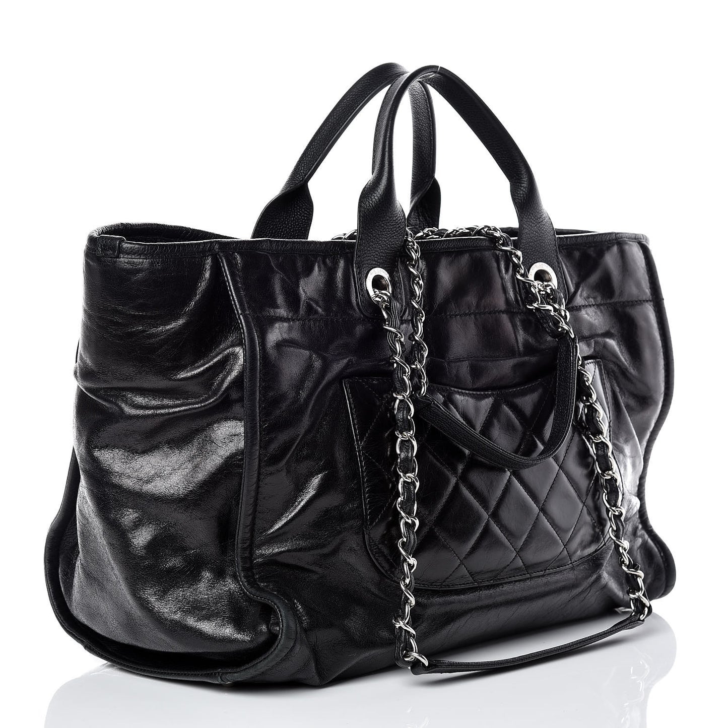 Glazed Calfskin Large Deauville Tote Black