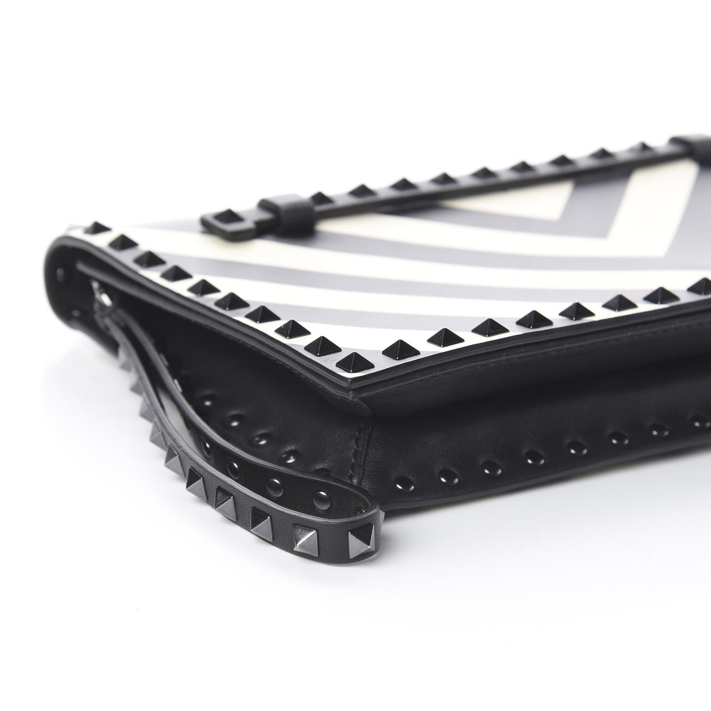 Nappa Chevron Striped Rockstud Wristlet Clutch Light Ivory Black