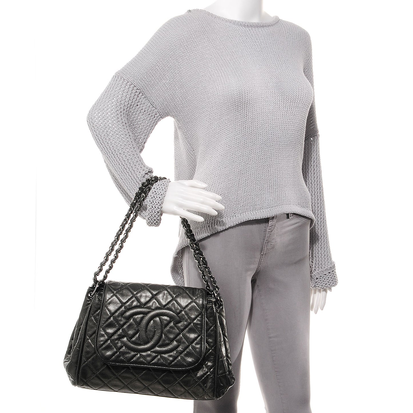 Caviar Quilted Timeless Accordion Flap Dark Silver
