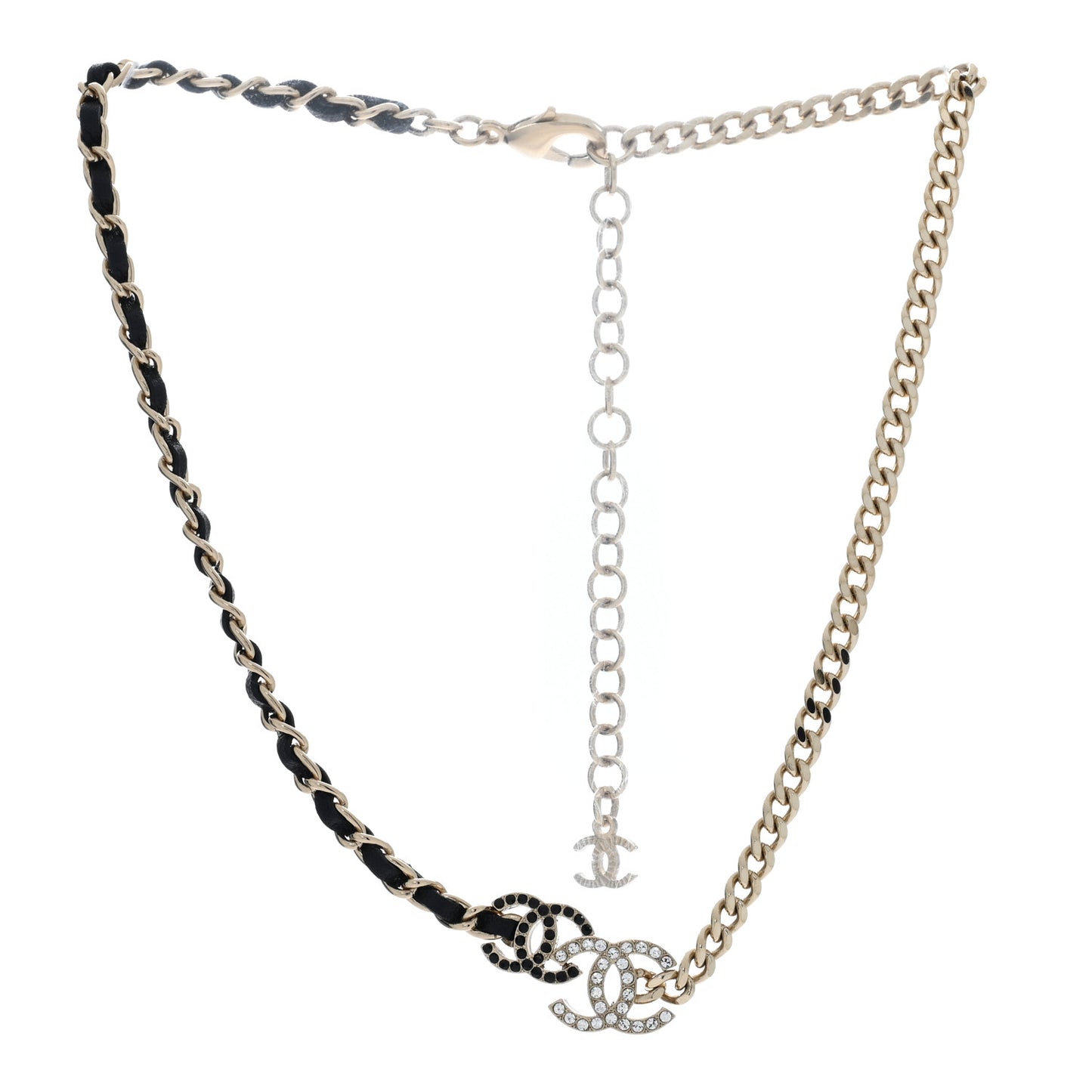 Metal Calfskin Crystal Double CC Short Necklace Black Gold