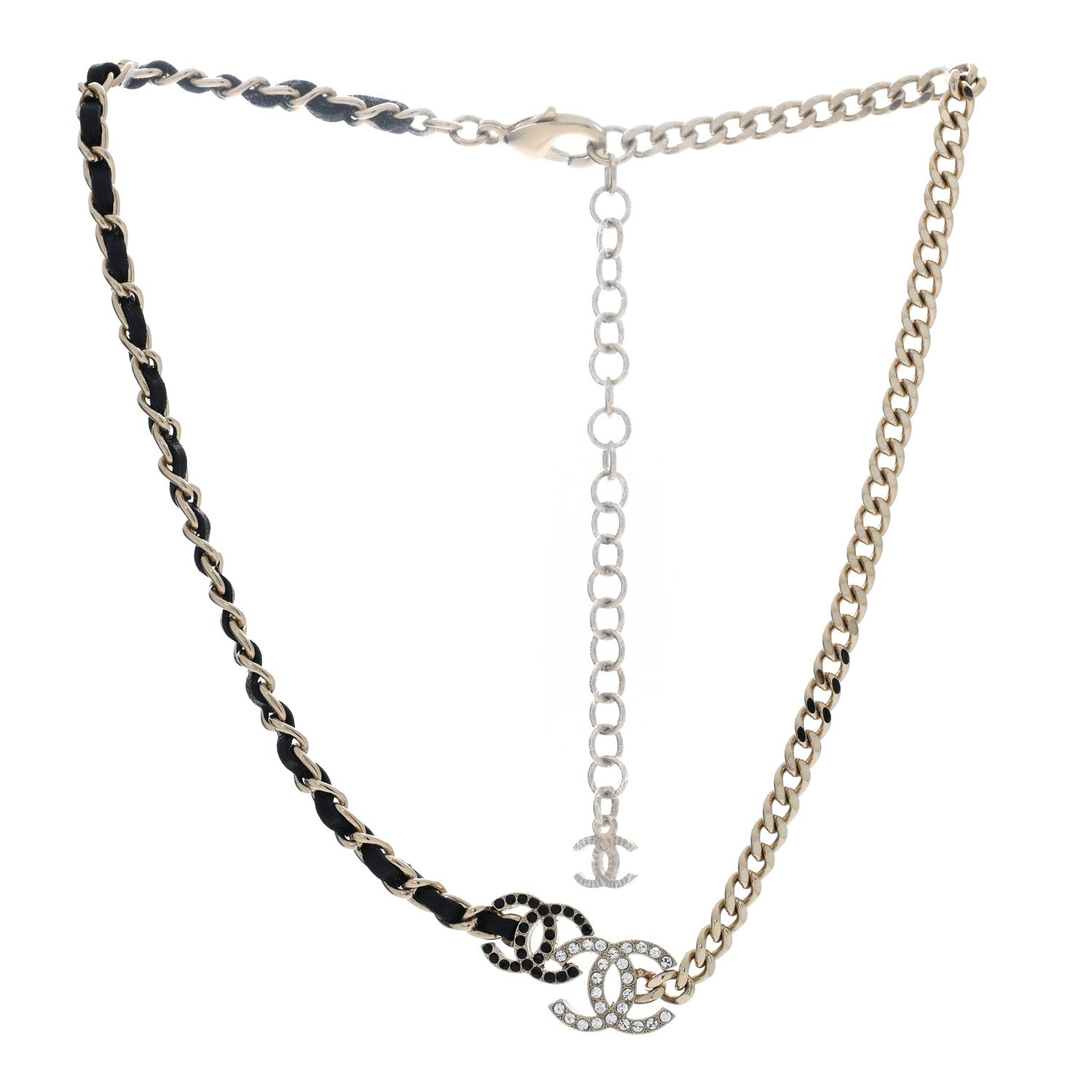 Chanel Metal Calfskin Crystal Double CC Short Necklace Black Gold 2 of 5