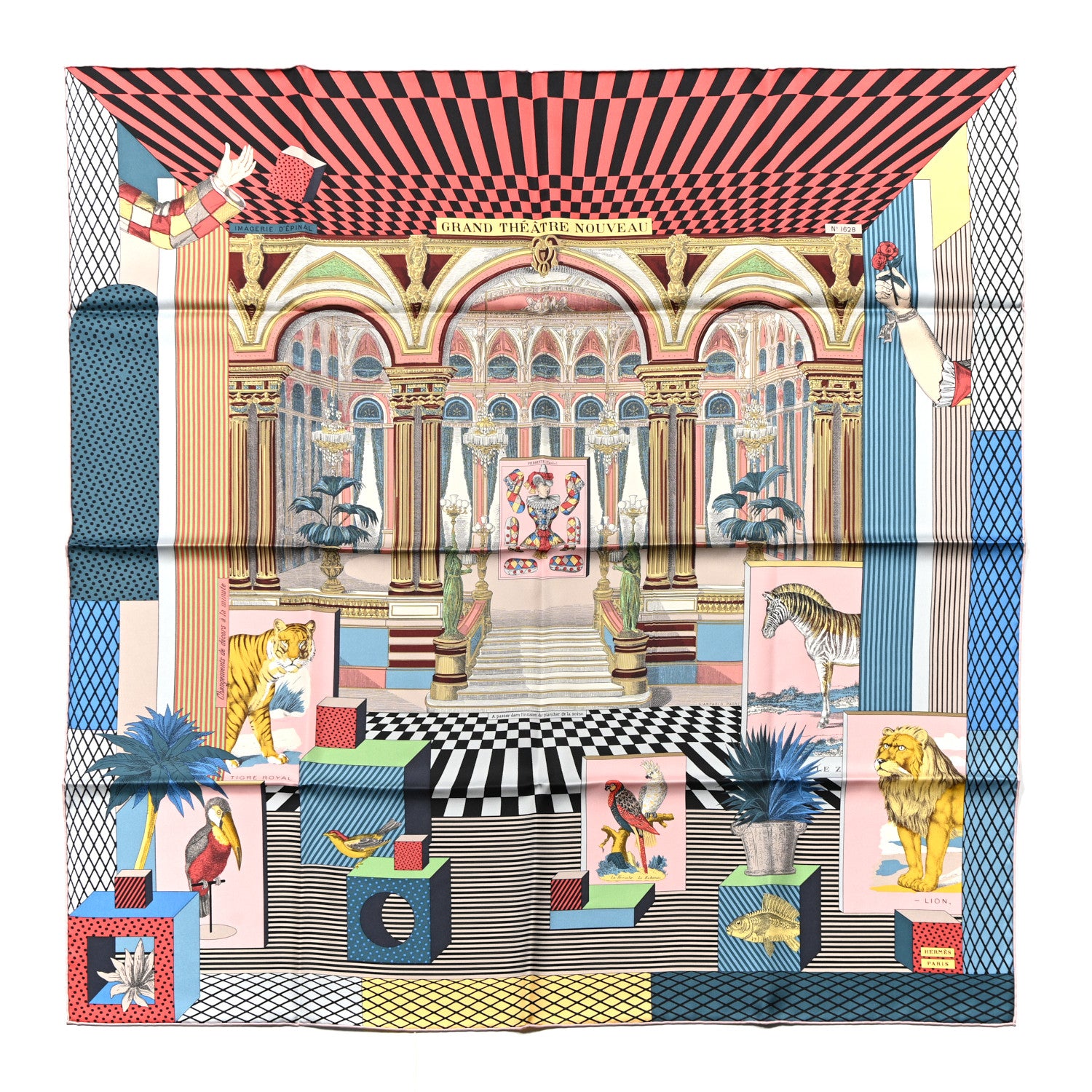 Hermes Silk Grand Theatre Nouveau Scarf 90 Bleu Vieux Rose Vert 1 of 6
