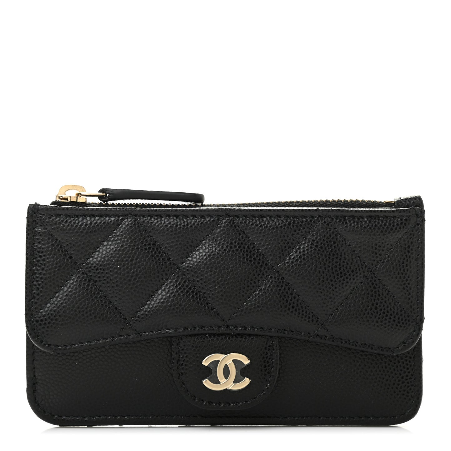 Caviar Quilted Flap Zip Card Holder Black