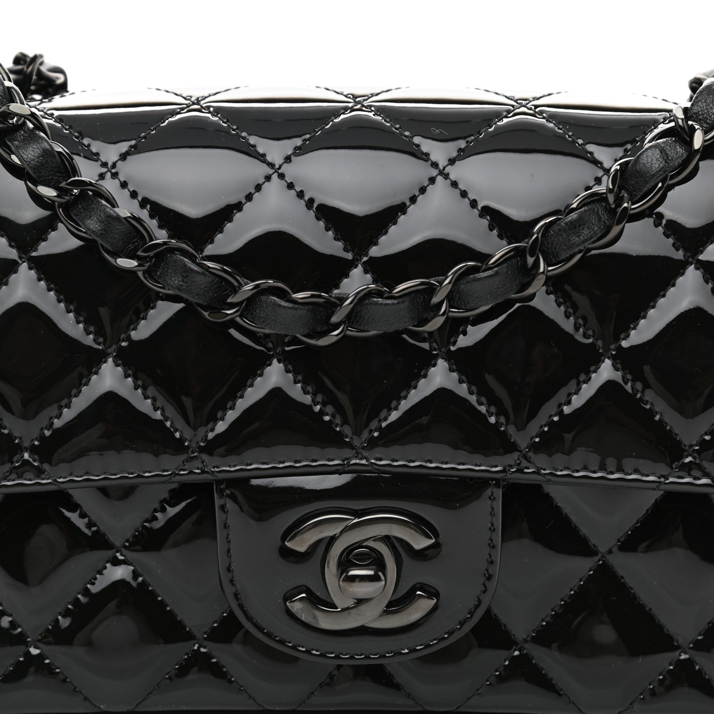 Patent Calfskin Quilted Mini Rectangular Flap So Black