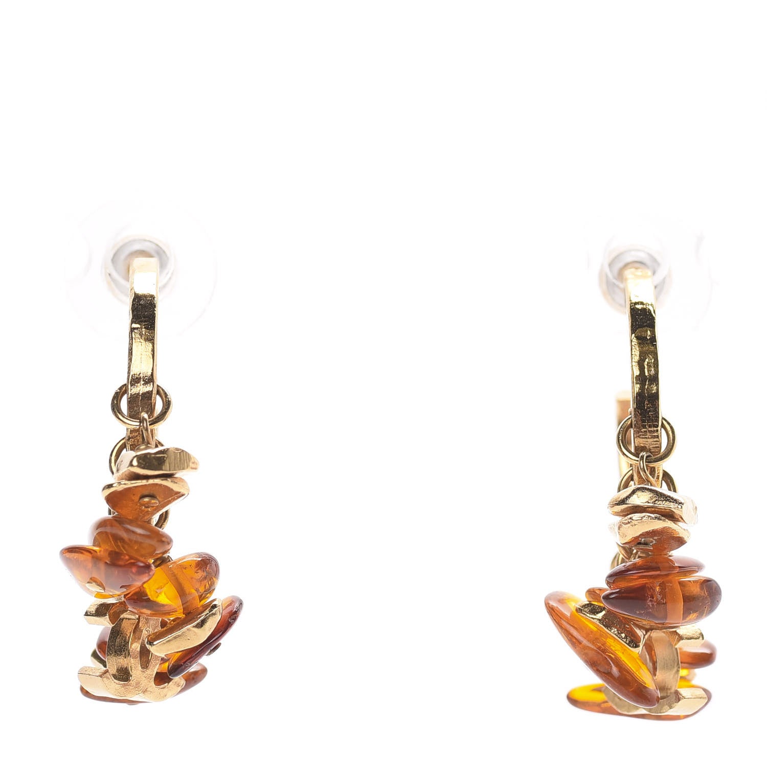 Chanel Brushed Metal Bead CC Hoop Earrings Gold 1 of 6