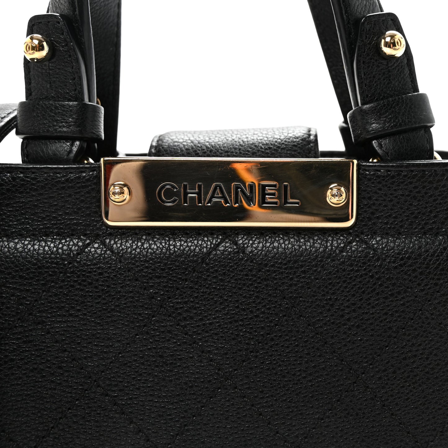 Grained Calfskin Stitched Mini Label Click Shopper Black