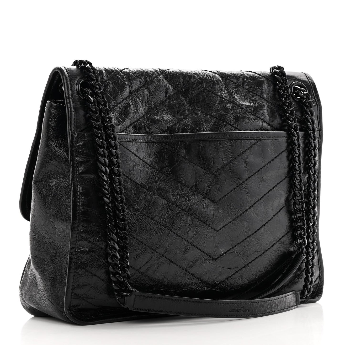 Crinkled Calfskin Matelasse Monogram Large Niki Chain Satchel Black