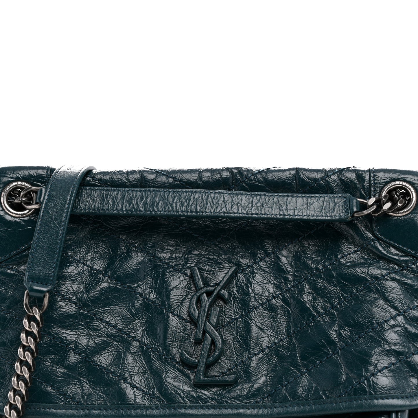 Crinkled Calfskin Matelasse Monogram Medium Niki Chain Satchel Peacock Green