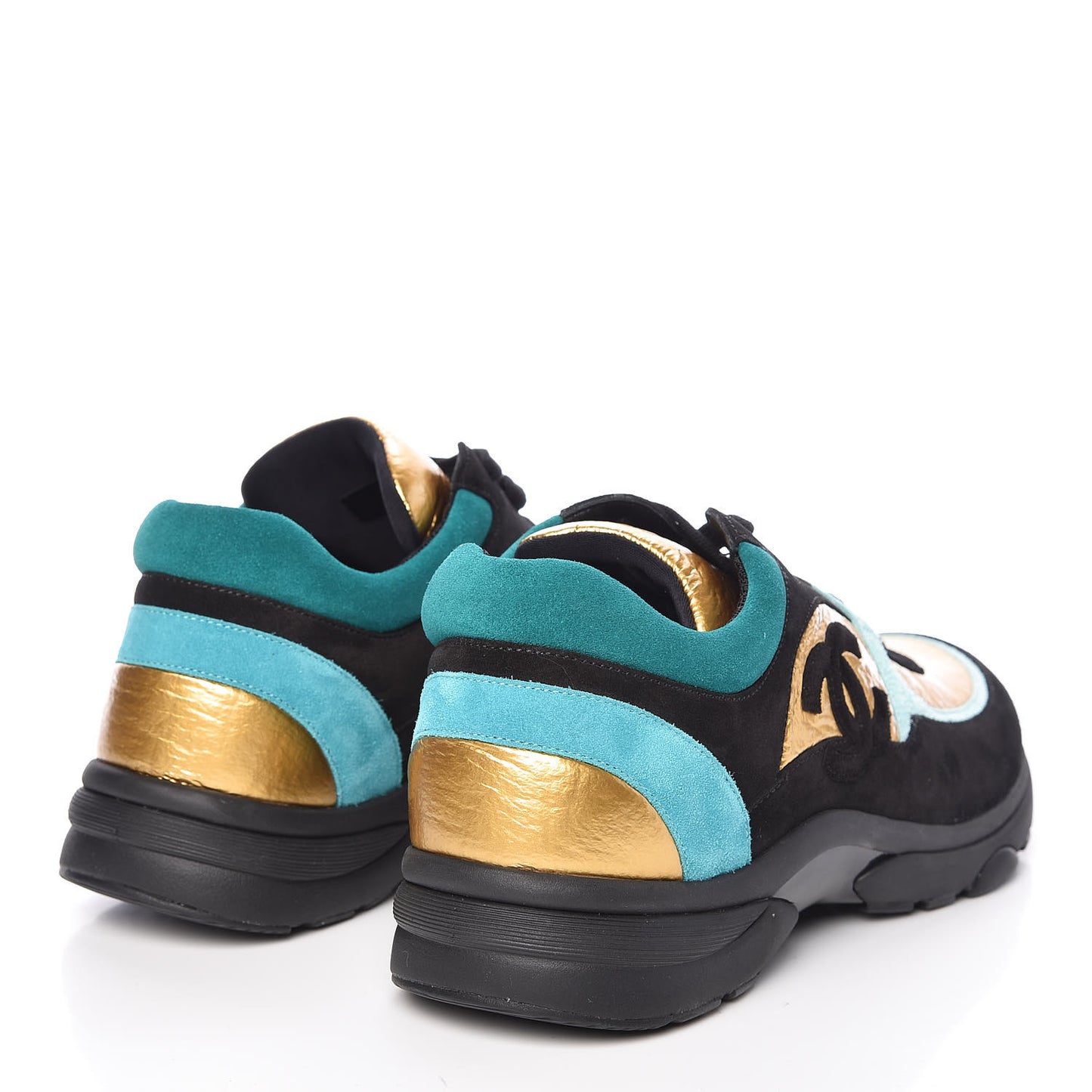 Fabric Suede Calfskin Sneakers 41 Black Turquoise Gold