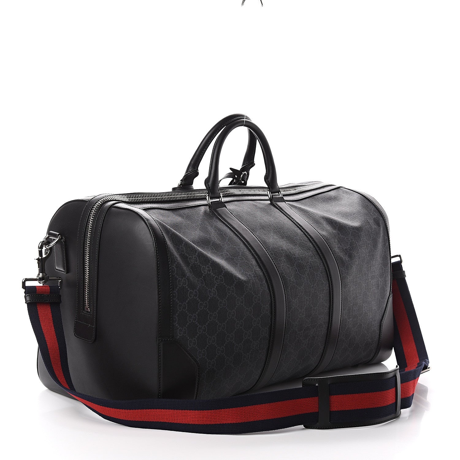 Gucci Soft GG Supreme Monogram Appia Calfskin Web Large Carry On Duffle Bag Black Grey 2 of 8