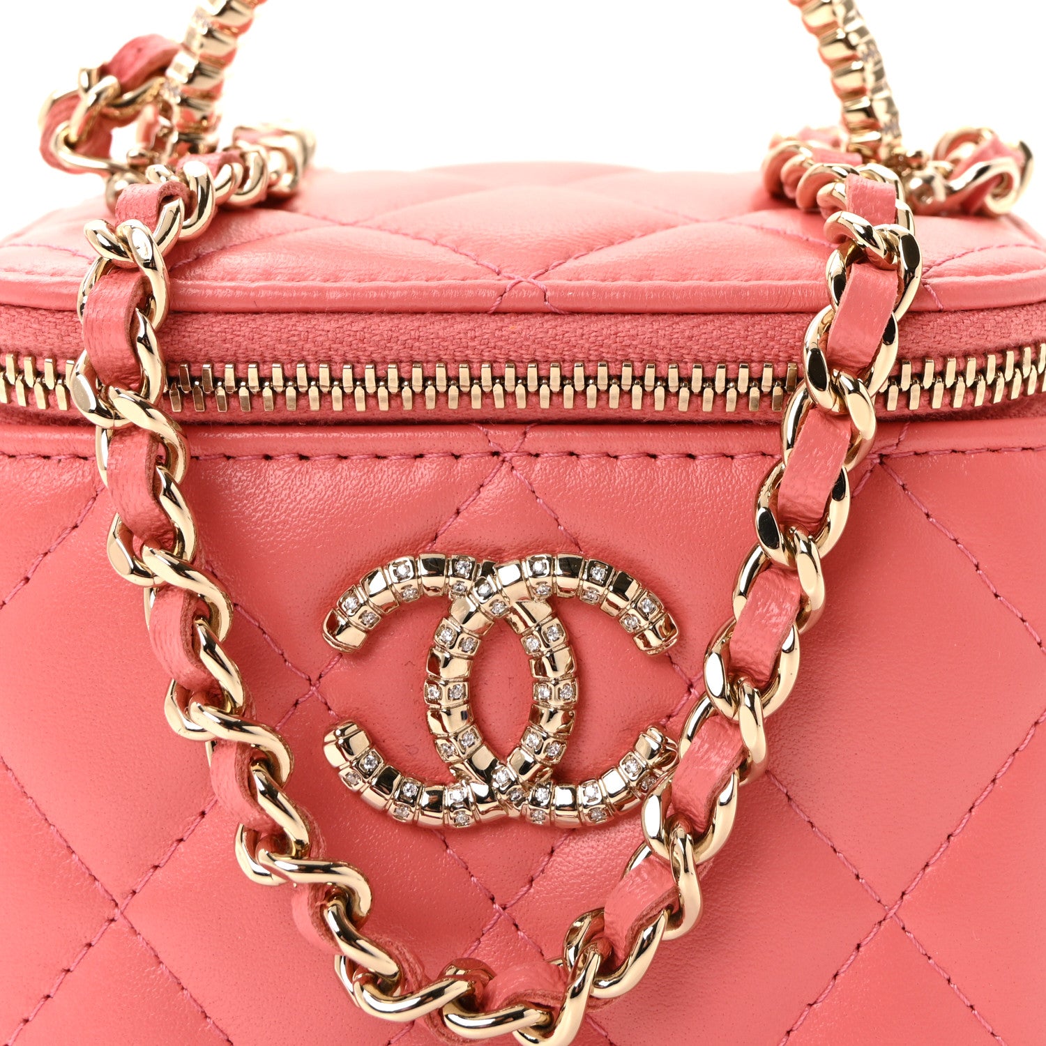 Chanel Lambskin Quilted Crystal Top Handle Mini Vanity Case With Chain Coral 8 of 10
