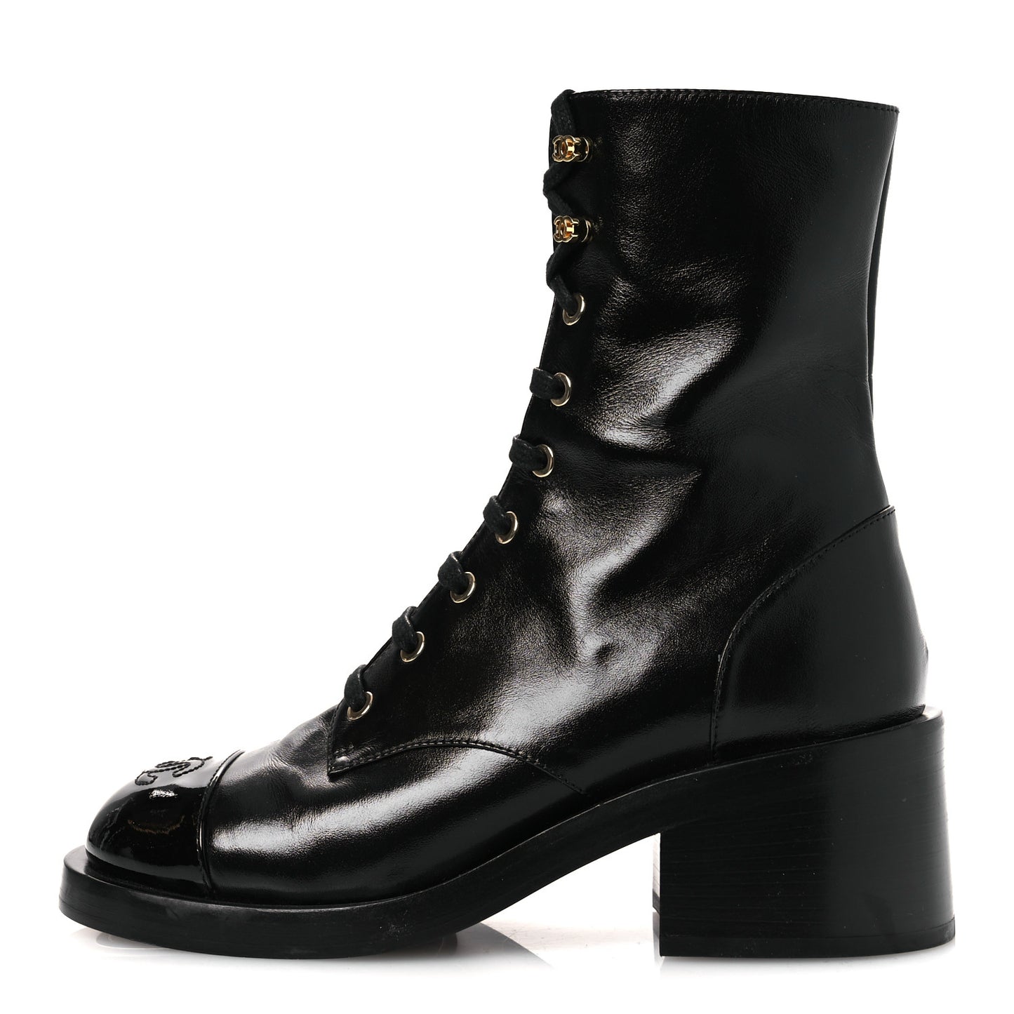 Shiny Calfskin Patent Cap Toe Lace Up Combat Boots 36.5 Black
