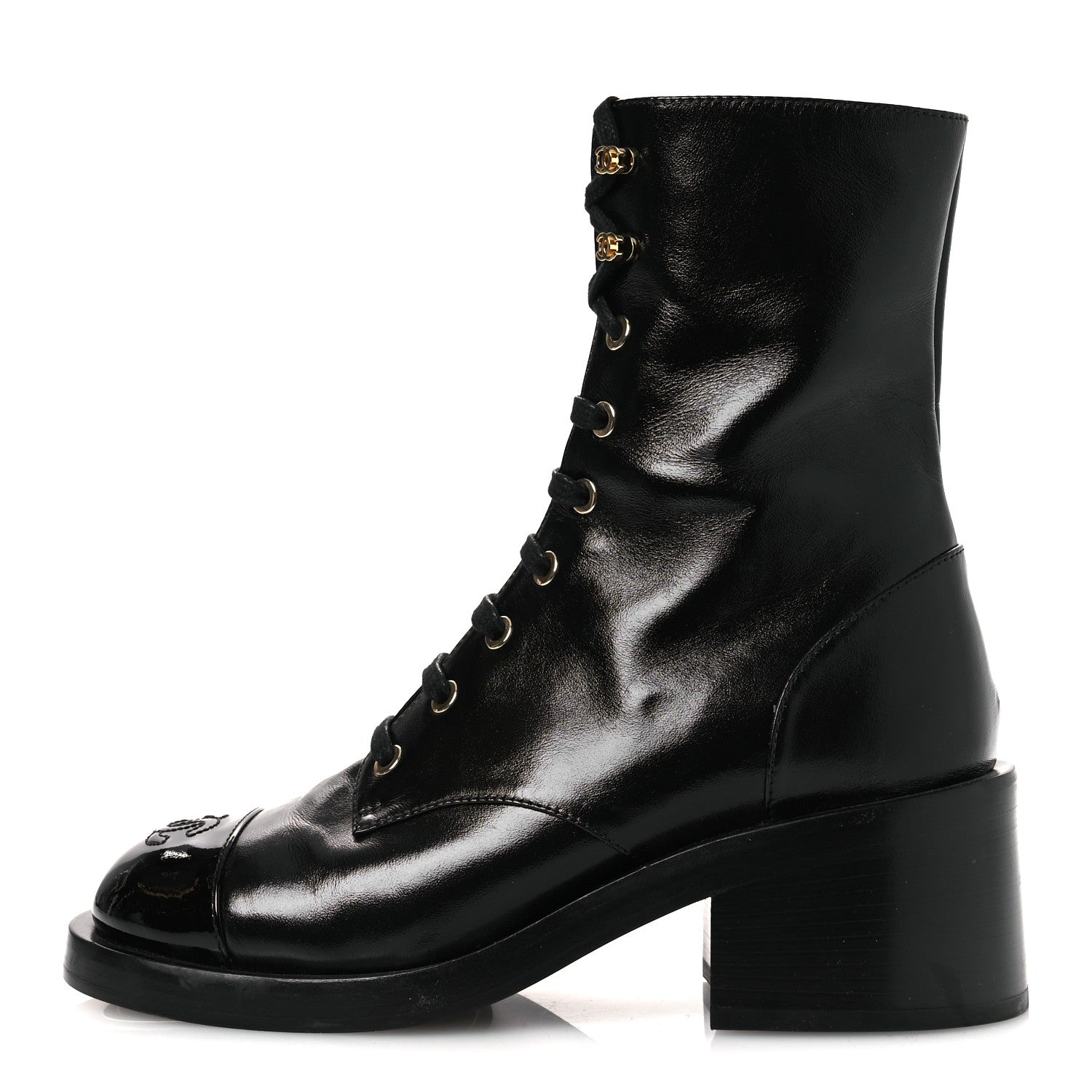 Chanel Shiny Calfskin Patent Cap Toe Lace Up Combat Boots 36.5 Black 1 of 10