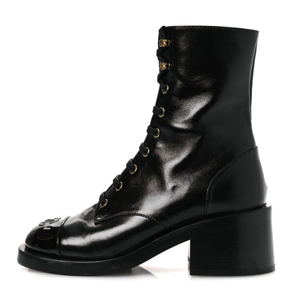 Chanel Shiny Calfskin Patent Cap Toe Lace Up Combat Boots 36.5 Black 1 of 10