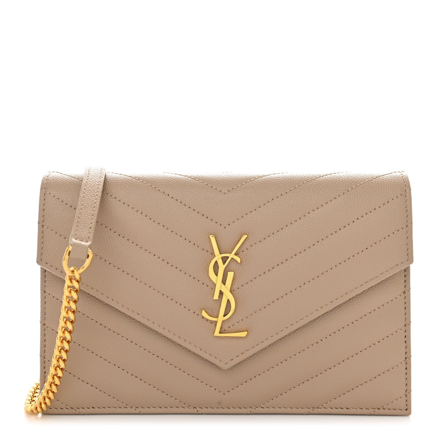 Saint Laurent Grain De Poudre Matelasse Chevron Monogram Envelope Chain Wallet Dark Beige 1 of 11