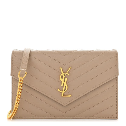 Saint Laurent Grain De Poudre Matelasse Chevron Monogram Envelope Chain Wallet Dark Beige 1 of 11