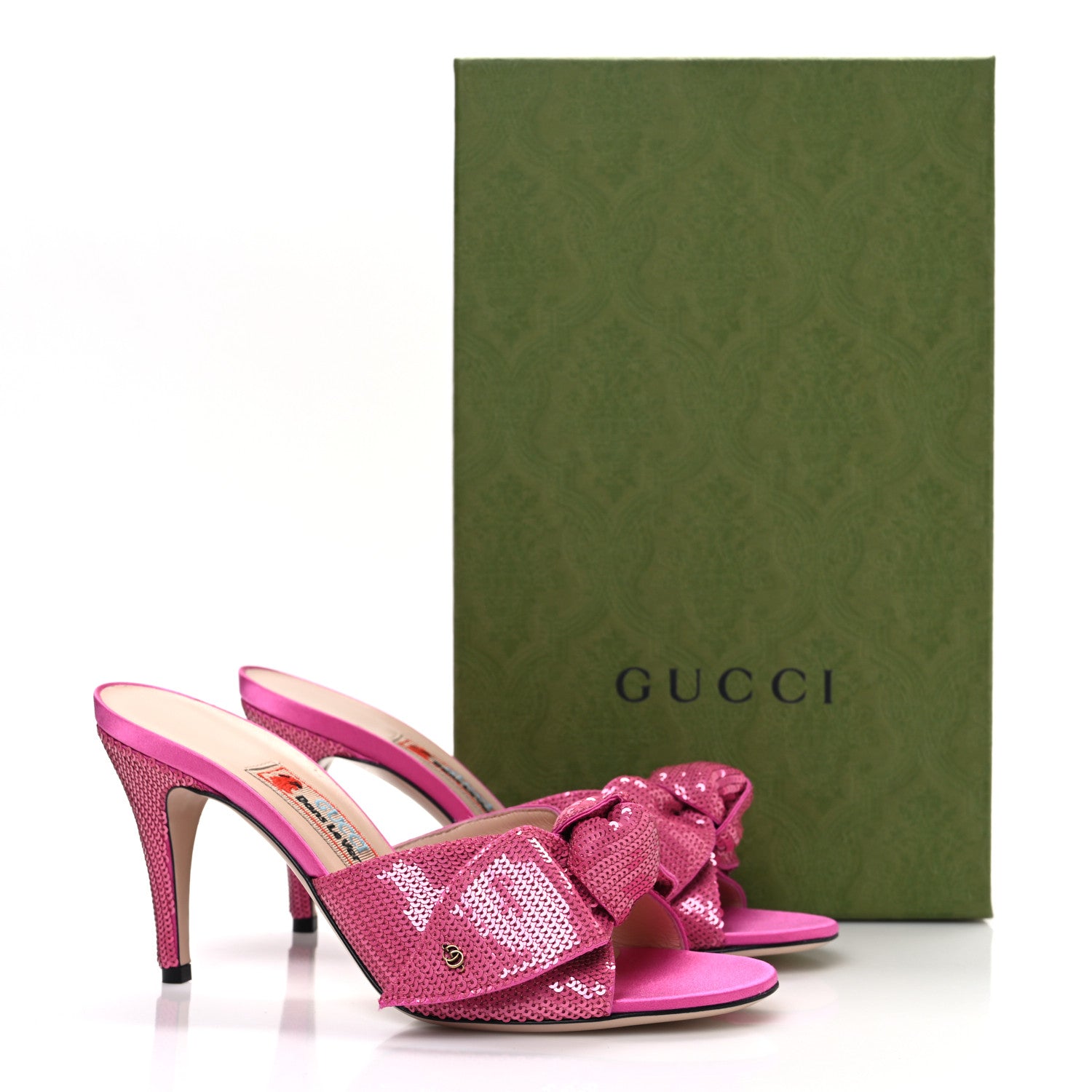 Gucci X DANS LE VERT Satin Pailletes Slip On Sandals 37.5 Fuxia Tropical 10 of 10