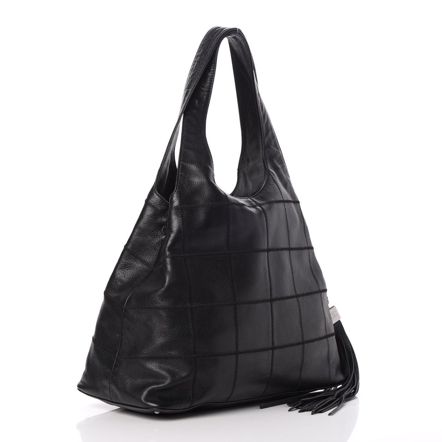 Caviar Square Stitched Large Tassel Hobo Black