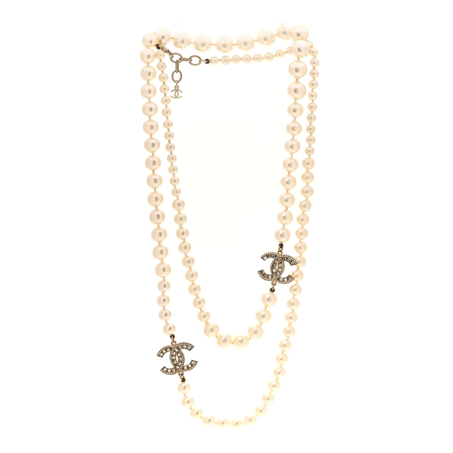 Pearl Baguette Crystal CC Long Necklace Gold