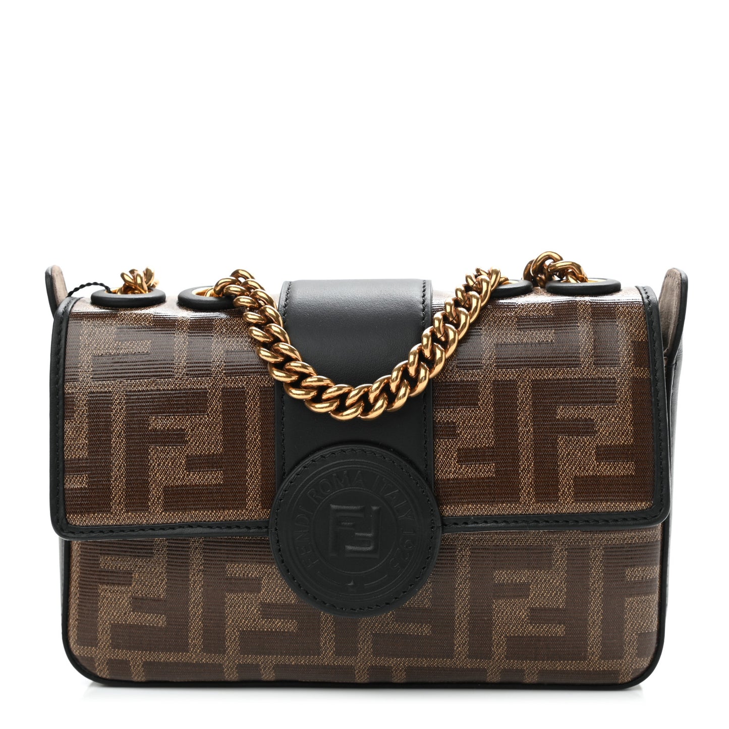 Glazed Fabric Vitello Century FF 1974 Stamp Patch Mini Double F Crossbody Bag Mogano Panna Black