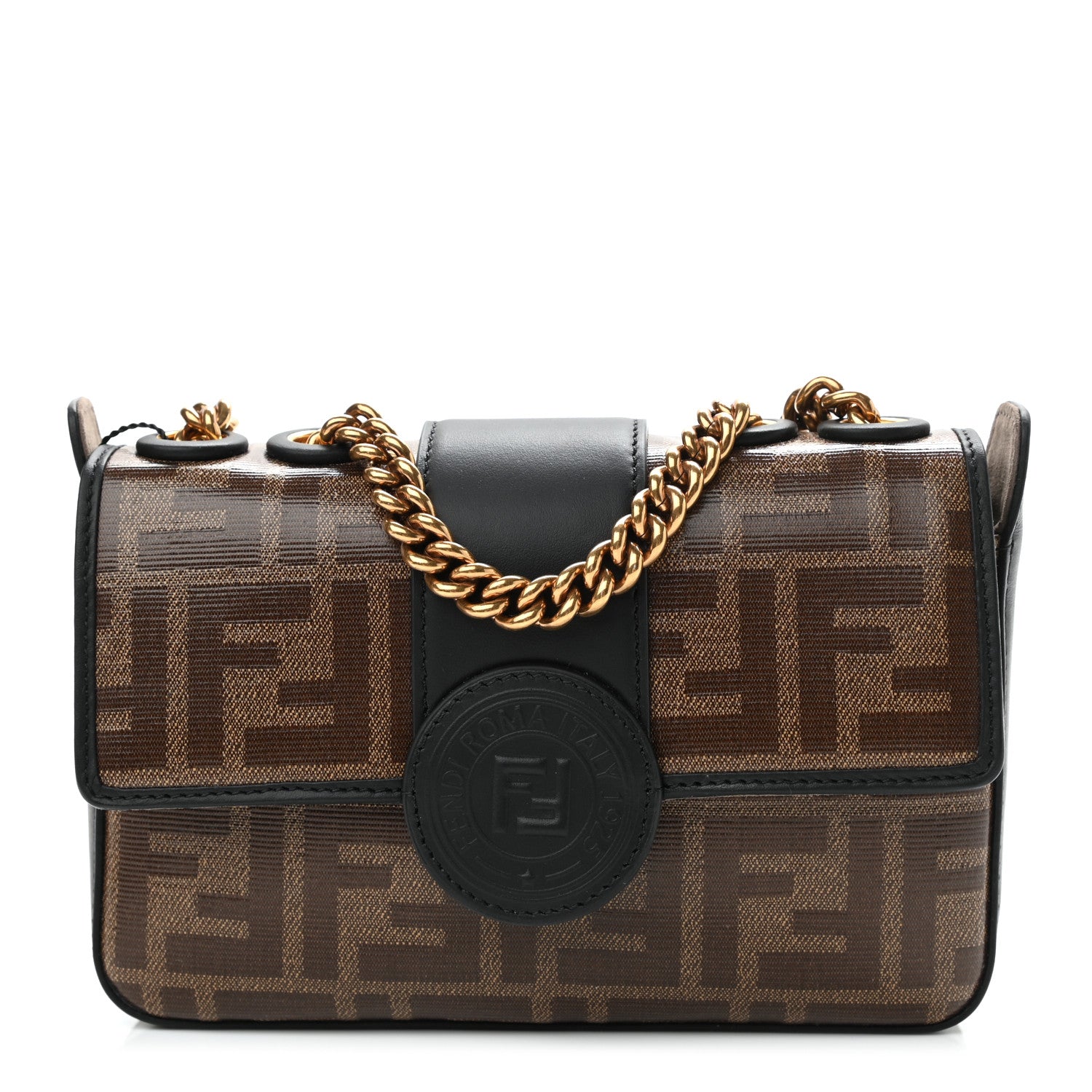 Fendi Glazed Fabric Vitello Century FF 1974 Stamp Patch Mini Double F Crossbody Bag Mogano Panna Black 1 of 10
