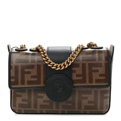 Fendi Glazed Fabric Vitello Century FF 1974 Stamp Patch Mini Double F Crossbody Bag Mogano Panna Black 1 of 10