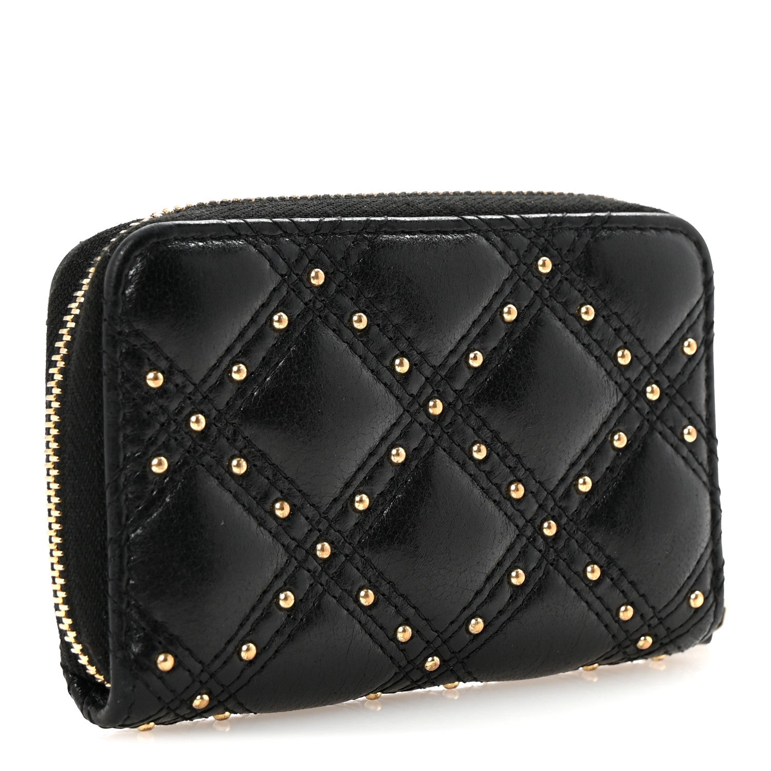 Chanel Lambskin Studded Quilted Compact Zip Around Wallet Black