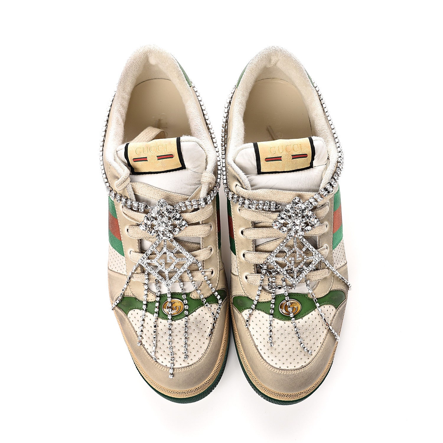 Gucci Nubuck Calfskin Web Removable Crystals Mens Screener Sneakers 12 Dusty Milk New Mystic White 10 of 11